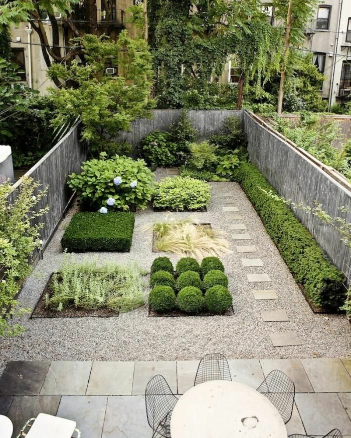 grön trädgård med olika blomsterbäddar - en liten modern trädgård
