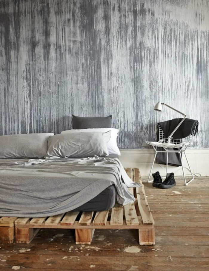 minimalistiska sovrum inredning grå nyanser läsning lampa Designer stol-Euro pall säng