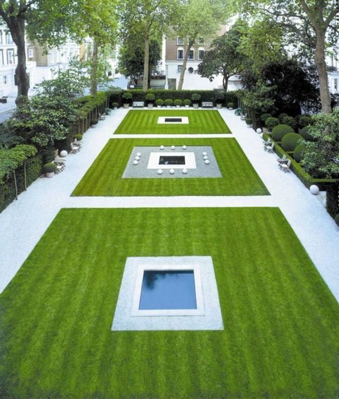 Landscaping exempel - geometrisk design med vatten och gräsmatta