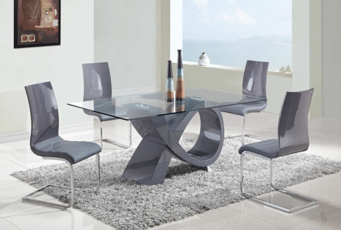 modernus-Moebel-valgomasis-prabangiai nustatyti stiklo stalo plastick-odos kėdės-plueschteppich