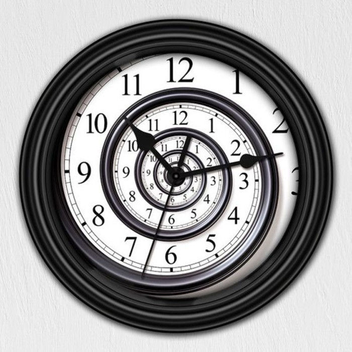 wall-clock-design-moderný bielo-dial-black-frame-form-of-špirály-moderné nástenné hodiny