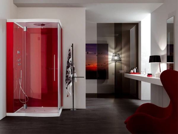 modern-kúpeľňa-červená-sprchovací kút a elegantný izba dizajn