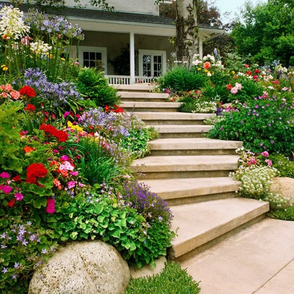 sodobne-house-design-stopnice-iz-kamen-sami-graditi-veliko cvetje in zelene rastline