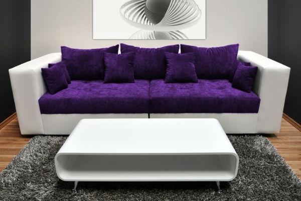 šiuolaikinės baltos violetinės sofos su sofa-pagalvėlė-violetinė spalva - didelė nuotrauka ant sienos