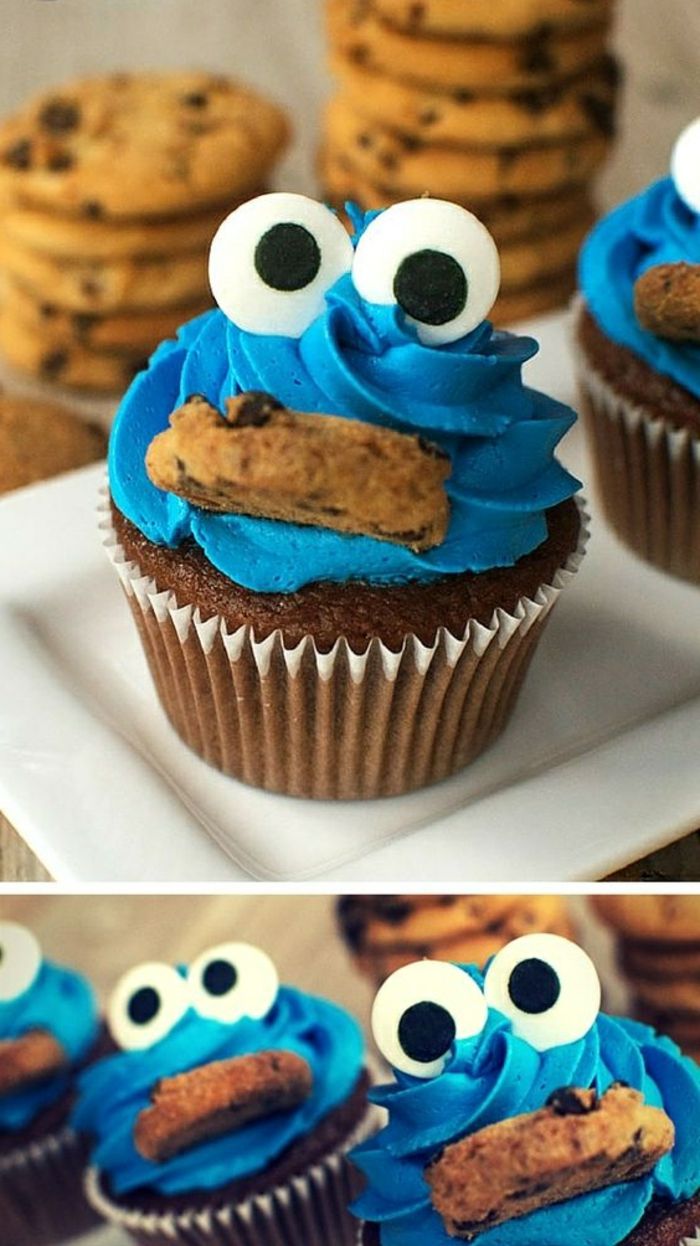 Muffin krem ​​ve fondan gözlerden yapılmış bisküvi canavarı gibi dekore edilmiştir