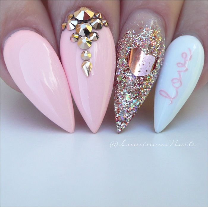 gel nail design ideas colori pastello sulle unghie unghie rosa blu glitter unghie con pietre cuore decorazione