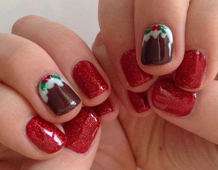 Glitter to christmas czerwone paznokcie z brokatem deco dablo na paznokci brązu z białym i zielonym wzorem paznokci z kamieni krótkich paznokci