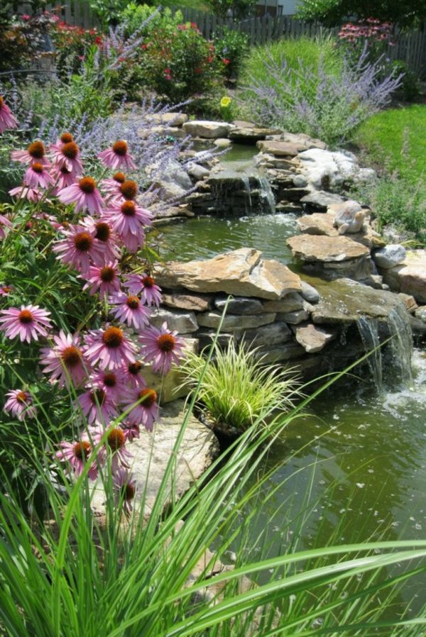 gamtinių krioklys-ir-sodo-su-tvenkinio-and-gėlės