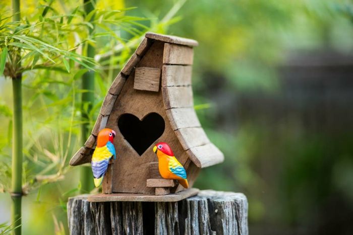 Nestkast van hout, venster als hart, twee kleurrijke keramische papegaaien, mooie decoratie voor uw tuin of balkon