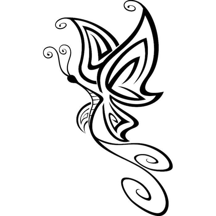 maža juoda tatuiruotė su plaukiojančia, juoda ir labai graziai atrodančia drugeliu su juodu sparnais