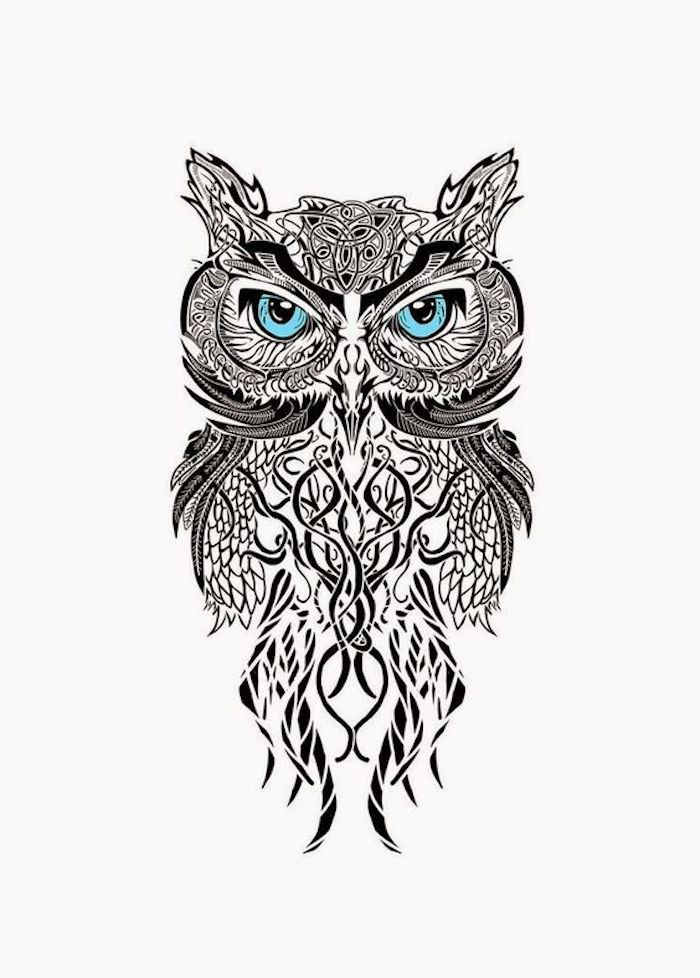 en uhu med blå ögon - idé för en svart stor owltatuering