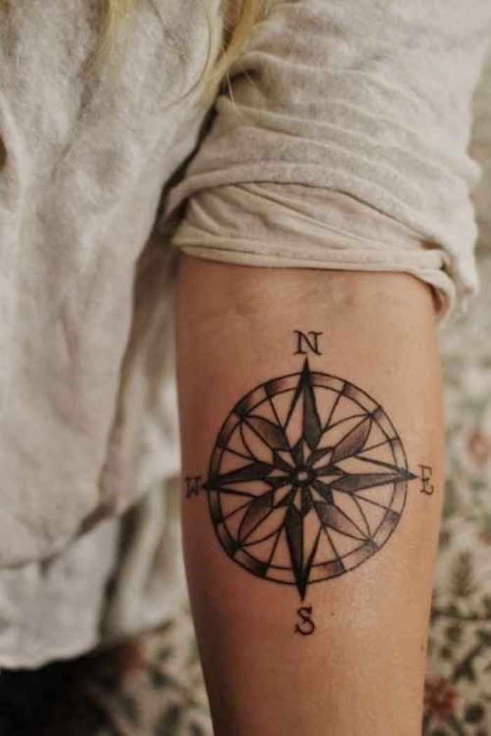 En hand med en svart tatuering med en svart kompass