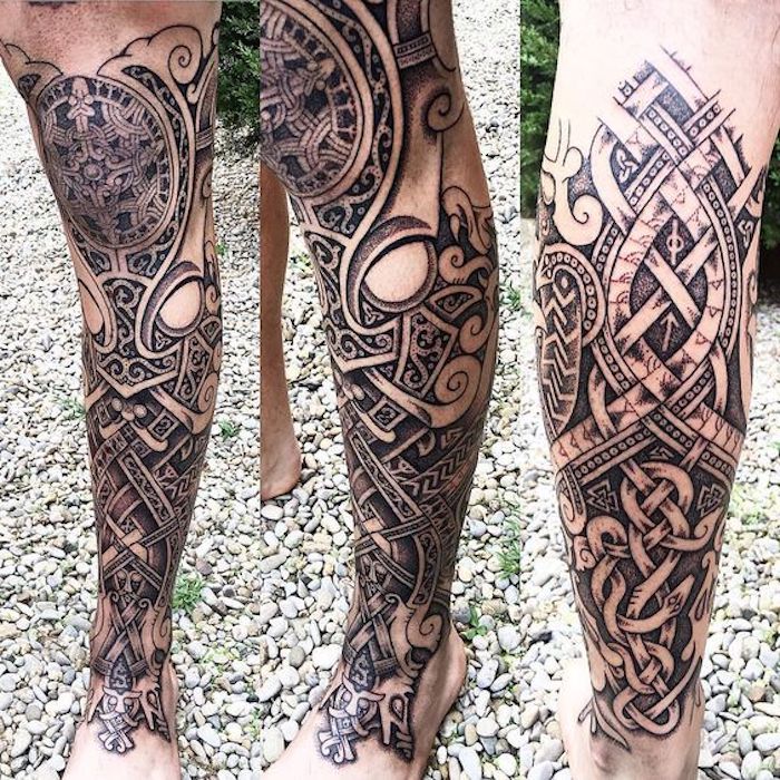 tatuaggio nordico, gamba, beintattoo, tatuaggio in nero e grigio