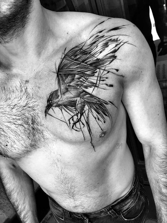 tatuaggio nordico, uomo, uccello, tatuaggio in nero e grigio