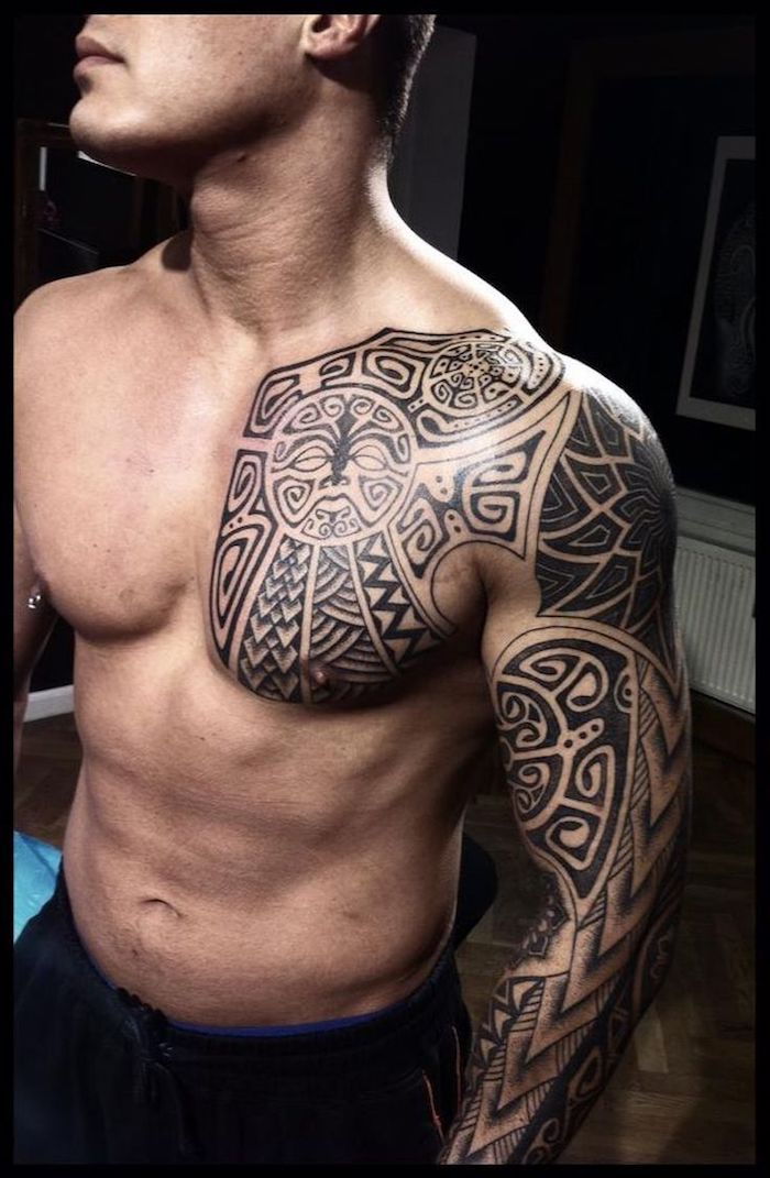 ottimo tatuaggio nordico, maniche, maniche tattoo in nero e grigio, uomo