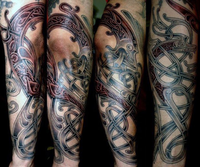 tatuaggio nordico, manica tatuaggio con molti ornamenti, uomo