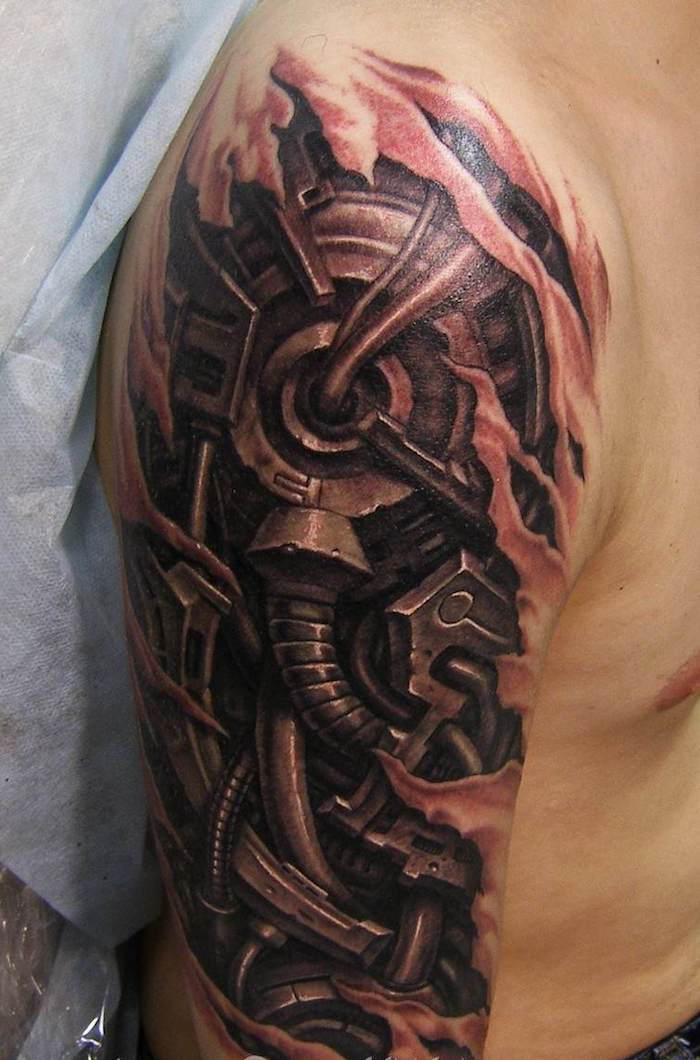 homem com tatuagem de braço superior, tatuagem 3d no braço