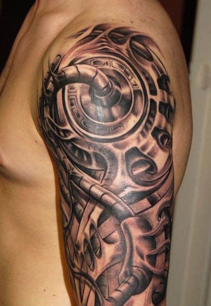 tatuagem de braço em preto e cinza, tatuagem biomecânica