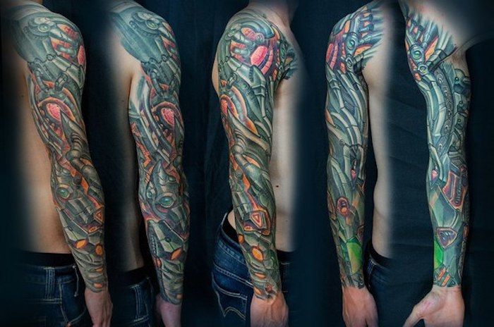 rankos tatuiruotė, spalvota rankovių tatuiruotė, roboto tatuiruotė