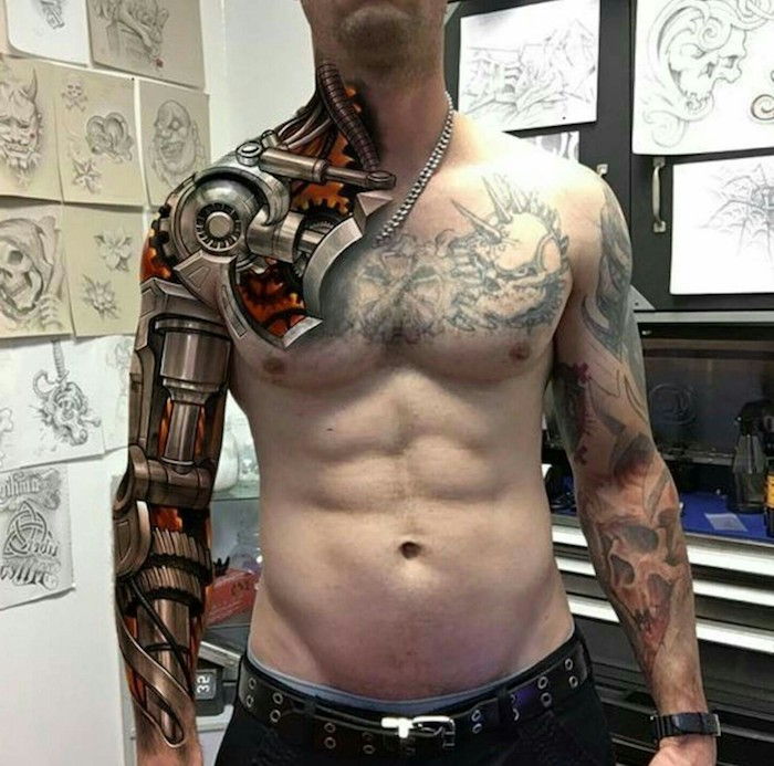 tatuiruotės motyvai vyrams, rankovių tatuiruotė su mašinų dalimis, rankų tatuiruotė