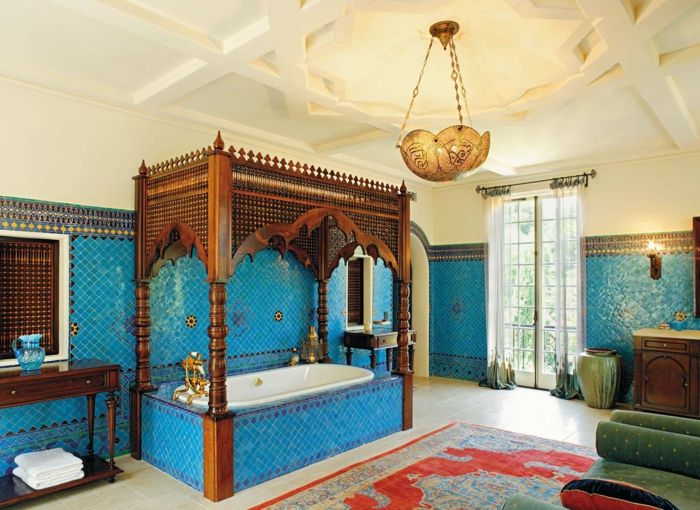 orientalske dekorere ideer for et flott bad design badekar hengende lampe fliser teppe på badet