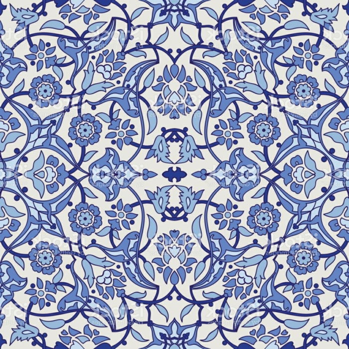 Vzorec orientalskih tkanin in ploščic, maroške ploščice v dveh odtenkih modre in bele, ploščice z cvetličnimi motivi