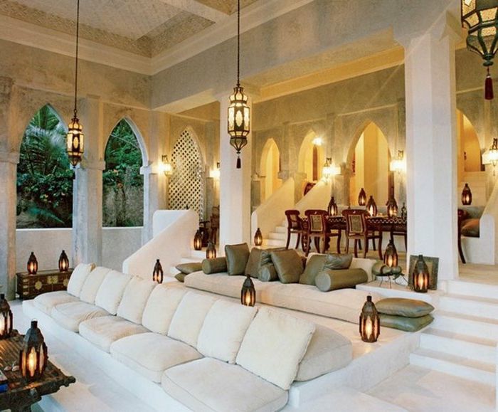 Arabisk møbler dekorasjon for hagen hvitt sitte lenestol mange lanterne mørkere belysning ideen