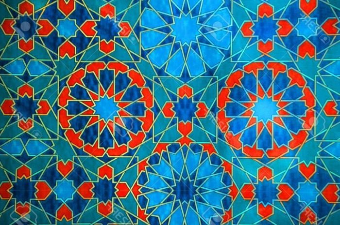 Moroccan ploščice v modri in rdeči barvi, ploščice s štirimi krogi, ploščice v treh barvah