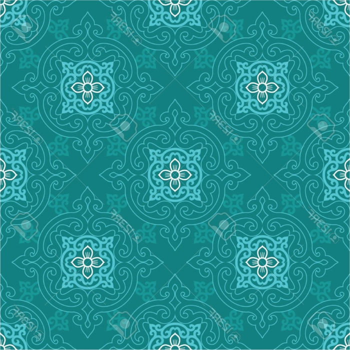 zelena vzorec tkanine z mandalnimi okraski v svetlo modrem in belem, tkanina s tiskom v treh barvah