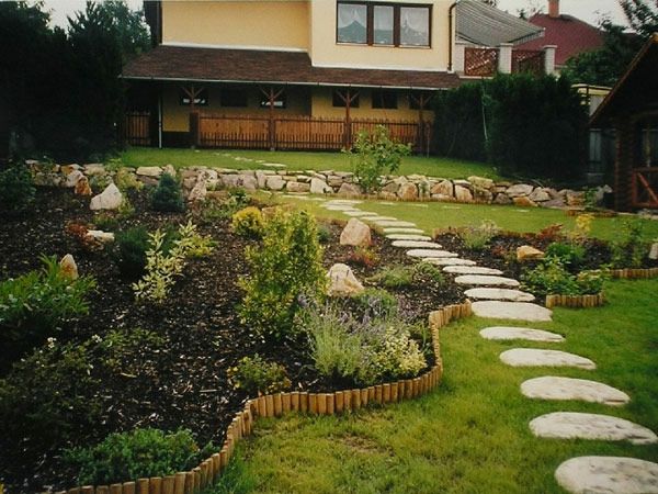 Steinplatten pasarelă și plante verzi în grădina frumoasă a unei case confortabile