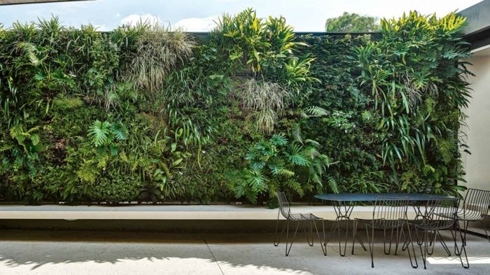 en grön vägg på terrassen ger skuggan och matchar möblerna