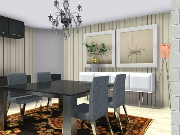 izbový dizajn-jedáleň-štyri stoličky a dva obrázky na stene