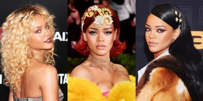 Özel kıyafetlerle en iyi Rihanna saçlarından üçü - sarışın, siyah ve kırmızı