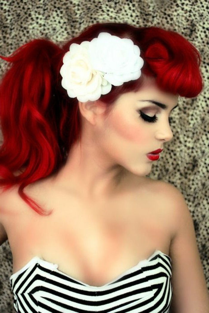 beyaz çiçek-in-the-kırmızı saç takılı ROCKABİLLY-saç modelleri-büyük-