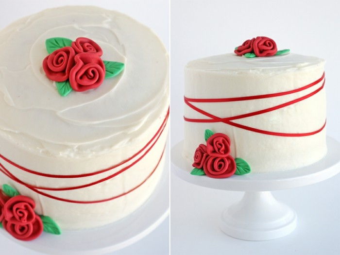 rdeče-žamet cake-z-belo-fondant-pokriva-rdeče barve, fondant figurice-vrtnice-pie-poročna torta