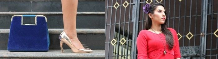 červeno-dress-spojiť-royal blue-bag-Golden-topánky-krásny-žena-model-na-schodoch