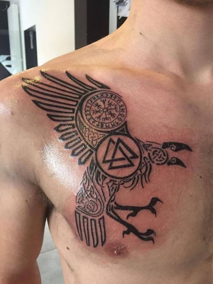 tatuaggio rune, seno, tatuaggio seno, uccello, triangoli