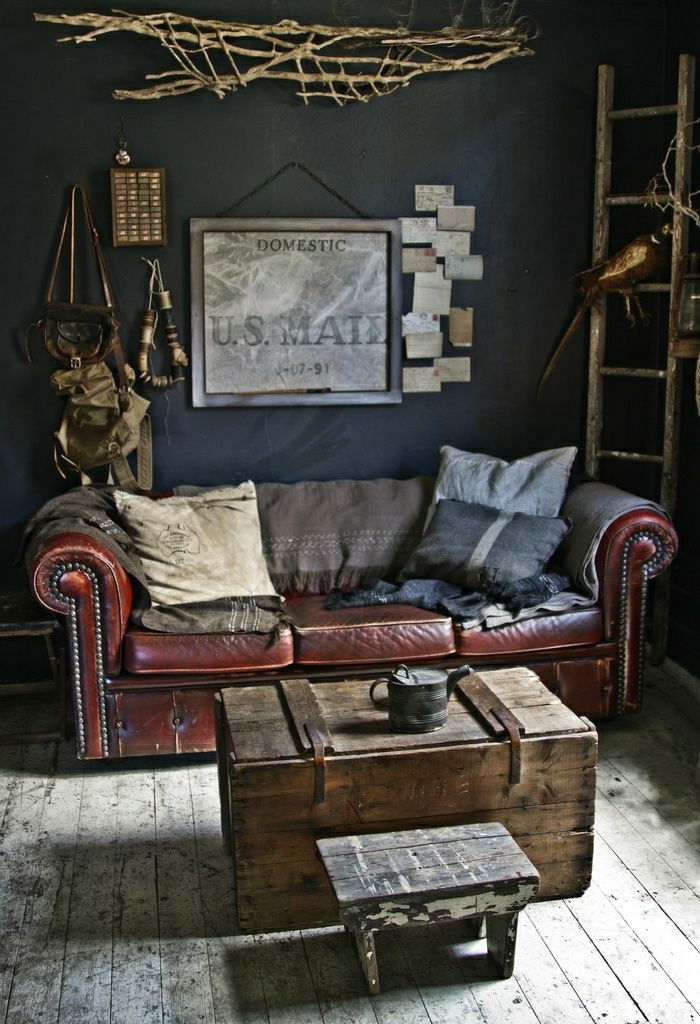 Rustik-style dnevna soba Box Lov Dodatki-bordo usnje Chesterfield kavč