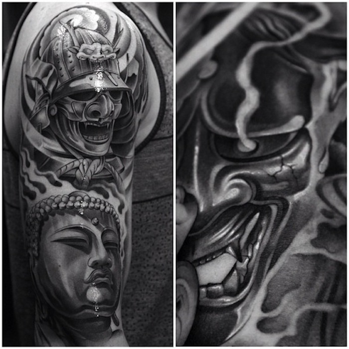 tatuaggio samurai, parte superiore del braccio, tatuaggio del braccio, maschera, casco, tatuaggio giapponese