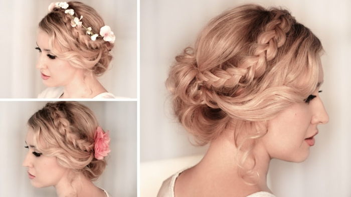 fryzura casual woman dla dziewcząt party z przypiętymi włosami z warkoczem i kwiatami jako akcesoria do włosów