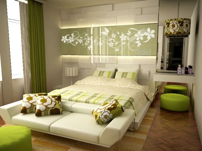 miegamojo deco idėjos modernus lova-žalia-taburetė