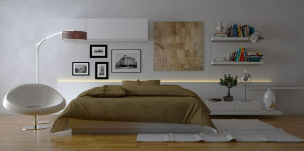 projektowanie sypialni ockra biały kolor biały fotel