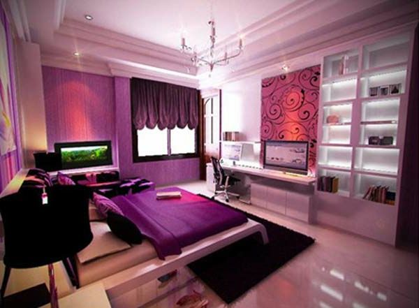 pomysły na wystrój sypialni fioletowy kolor żyrandol