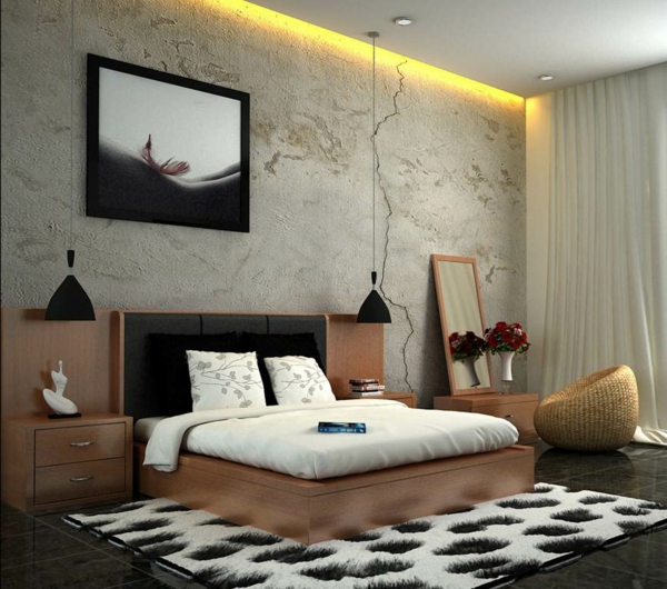 İlginç bir aydınlatma tasarımı ile yatak odası - sarı renk
