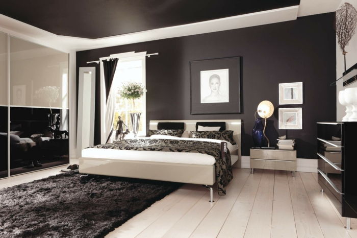 dormitor modern amenajat - nuanțe albe și negre