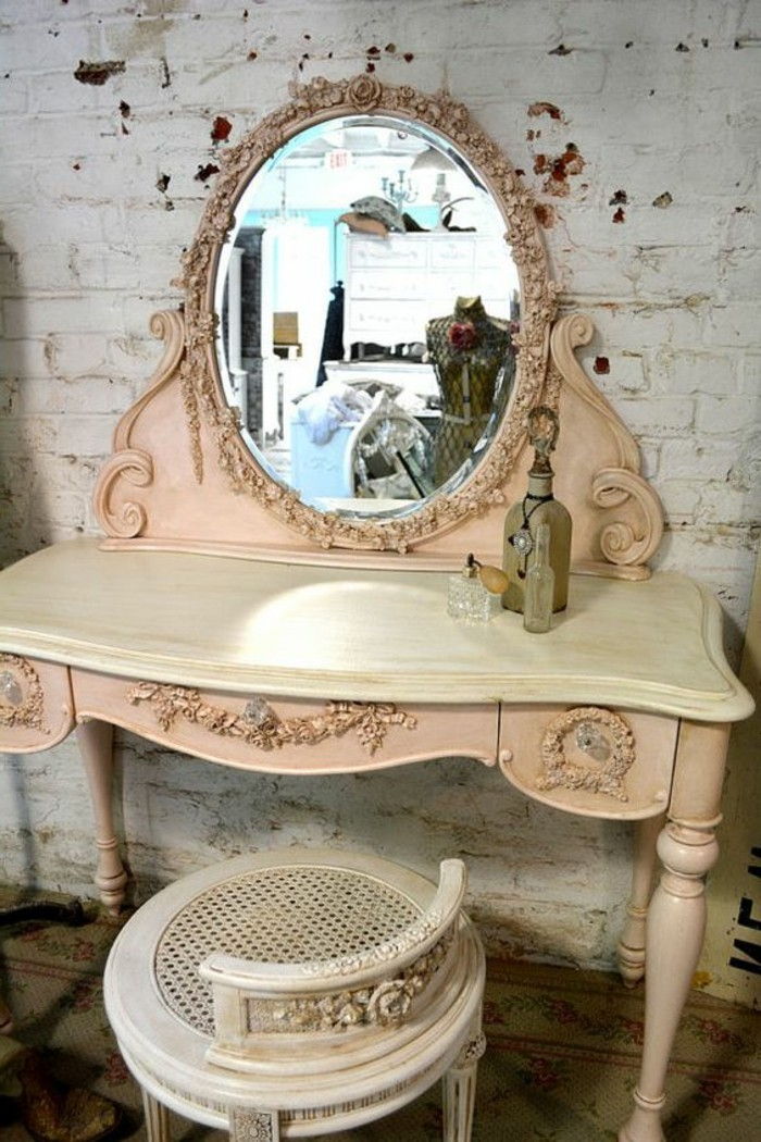 tualetinis staliukas-staliukas-su-veidrodis su rožinės spalvos-Frame nedidelio kėdė-retro