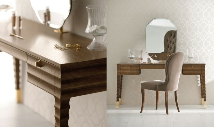 dressing table-z-lustro-z-drewna-tapicerowane krzesło