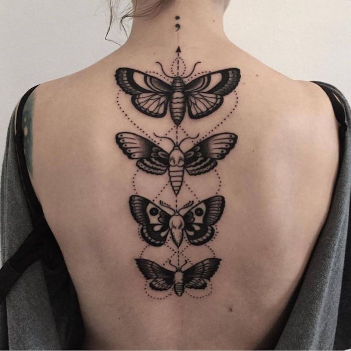 Tillbaka tatuering för kvinnor, fyra fjärilar, fantastiska kvinnliga tatueringsdesigner