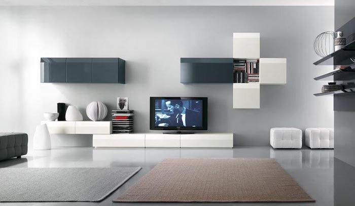 tv wandpaneel grijs witte en blauwe kleuren op de muur muur design ideeën witte planken laden decor