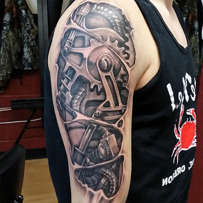 tatuagem de ombro em 3d olhar, tatuagem 3d em preto e cinza